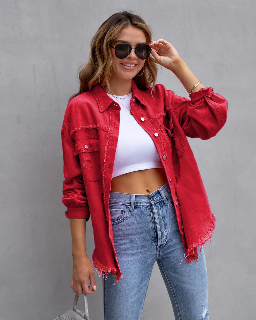 Women Fashion Casual Lapel Ripped Denim Coat Jeans