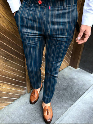 Men Basic Mid-Waist Plaid Printed Color Blocking Straight Suit Pants