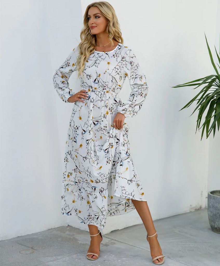 (Buy 1 Get 1) Women Ramadan /Eid Fashion Casual Floral Print Round Neck Long Sleeve Maxi Dress