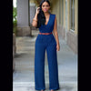 Women Elegant Work Office High Waist V Neck Sleeveless Solid Color Wide Leg Jumpsuits With Belt