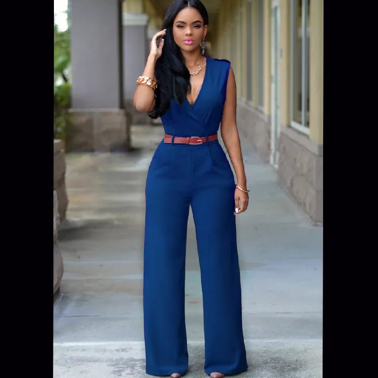 Women Elegant Work Office High Waist V Neck Sleeveless Solid Color Wide Leg Jumpsuits With Belt