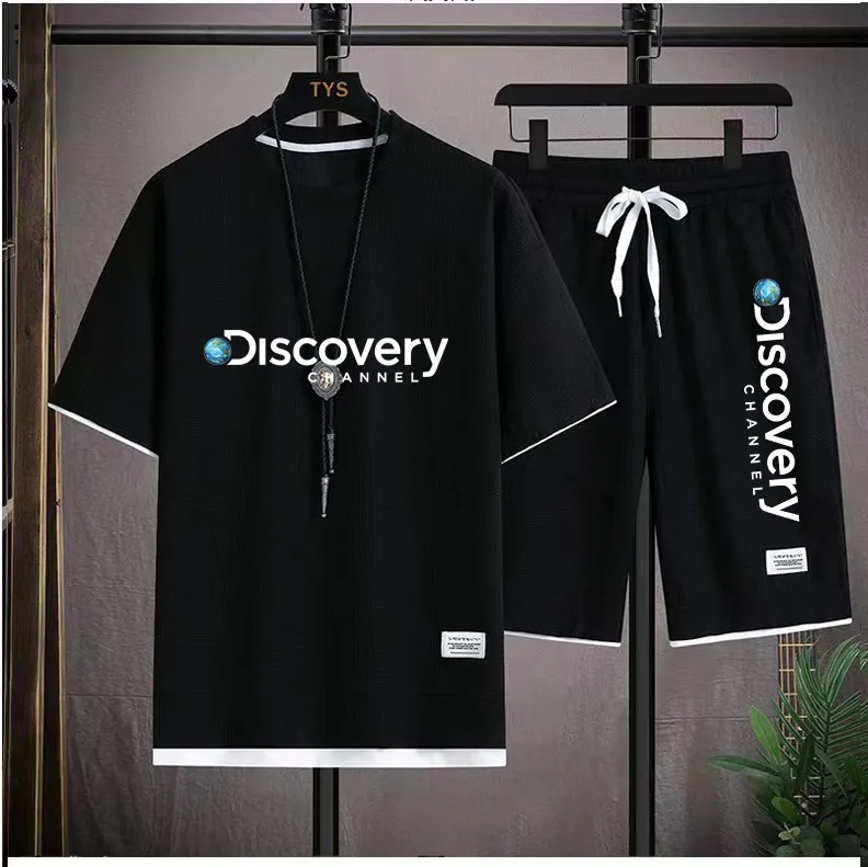 Men Casual Waffle Round Neck Short Sleeve Letter Print T-Shirt And Shorts Two-Piece Set