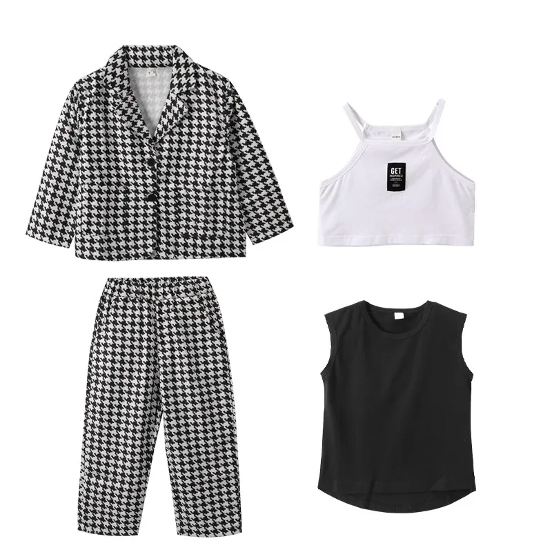 (Buy 1 Get 1) Kids Toddler Big Boys Girls Fashion Casual Houndstooth Tank Top Long Sleeve Lapel Coat Trousers 3 Piece Set