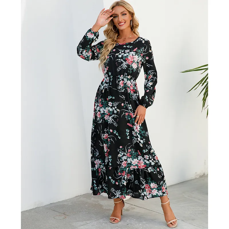 Women Ramadan /Eid Fashion Floral Chiffon Long Sleeve Maxi Dress