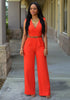 Women Elegant Work Office High Waist V Neck Sleeveless Solid Color Wide Leg Jumpsuits With Belt