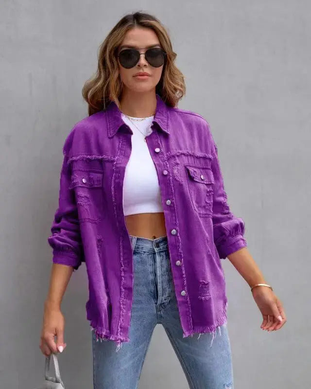 Women Fashion Casual Lapel Ripped Denim Coat Jeans