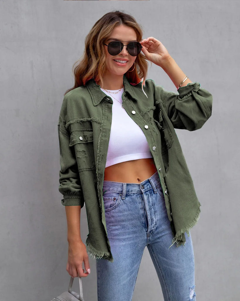 Women Fashion Casual Lapel Ripped Denim Coat Jeans