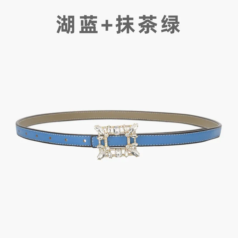 Women'S Fashion Casual Personality Rhinestone Alloy Smooth Buckle Genuine Leather Thin Belt