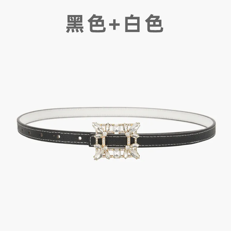 Women'S Fashion Casual Personality Rhinestone Alloy Smooth Buckle Genuine Leather Thin Belt