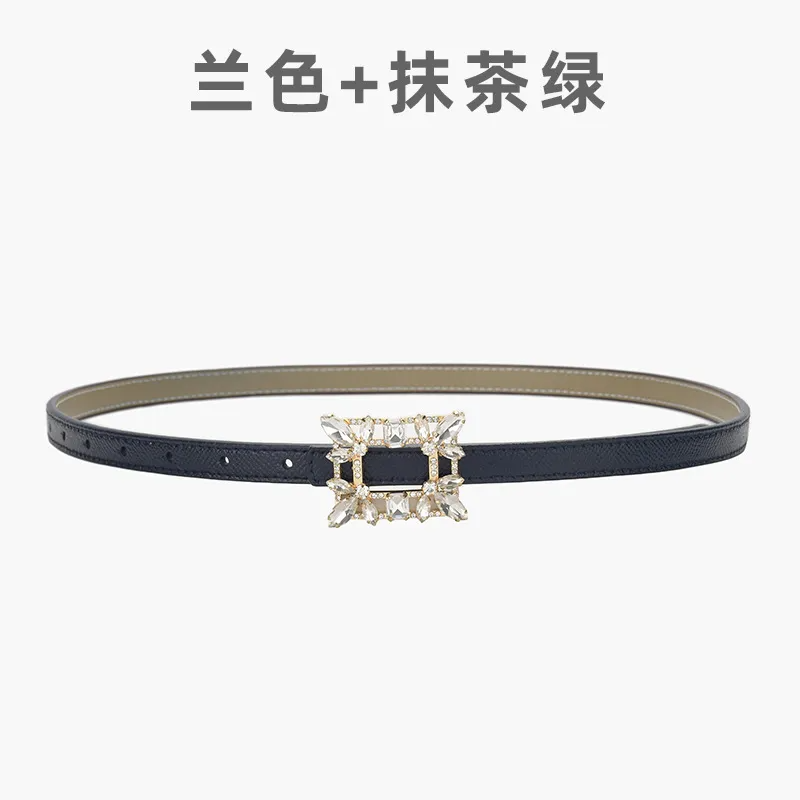 Women'S Fashion Casual Personality Rhinestone Alloy Smooth Buckle Genuine Leather Thin Belt