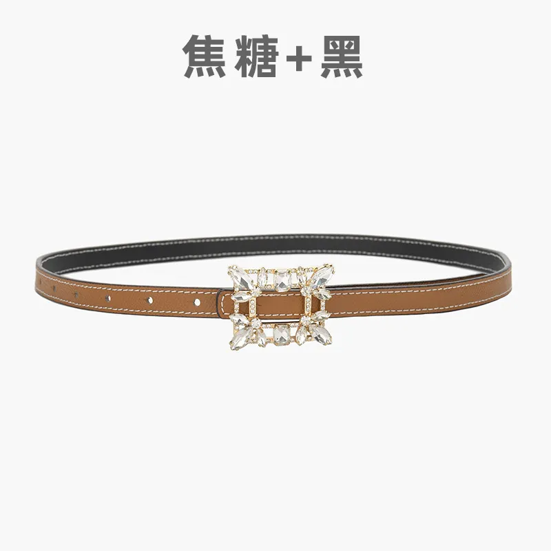 Women'S Fashion Casual Personality Rhinestone Alloy Smooth Buckle Genuine Leather Thin Belt