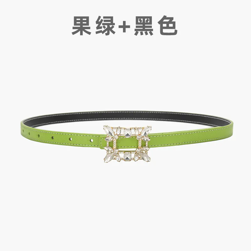 Women'S Fashion Casual Personality Rhinestone Alloy Smooth Buckle Genuine Leather Thin Belt