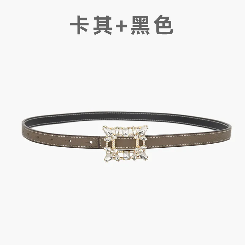 Women'S Fashion Casual Personality Rhinestone Alloy Smooth Buckle Genuine Leather Thin Belt