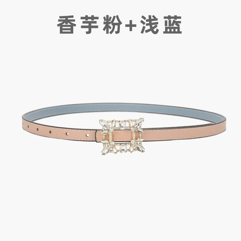 Women'S Fashion Casual Personality Rhinestone Alloy Smooth Buckle Genuine Leather Thin Belt