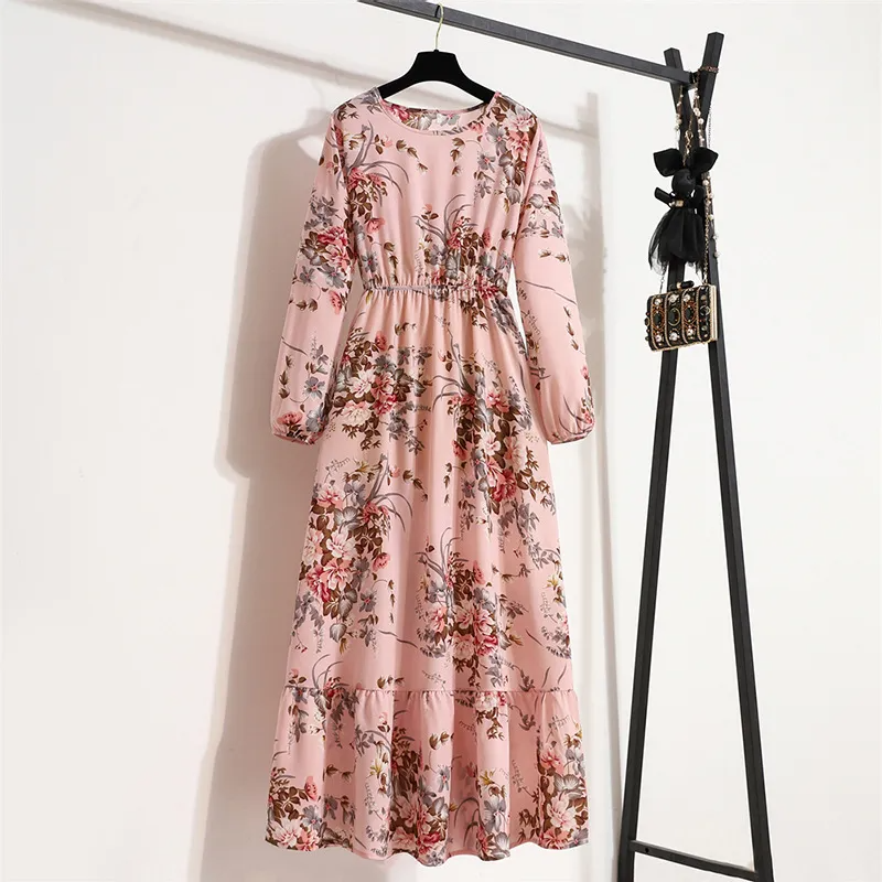 Women Ramadan /Eid Fashion Floral Chiffon Long Sleeve Maxi Dress