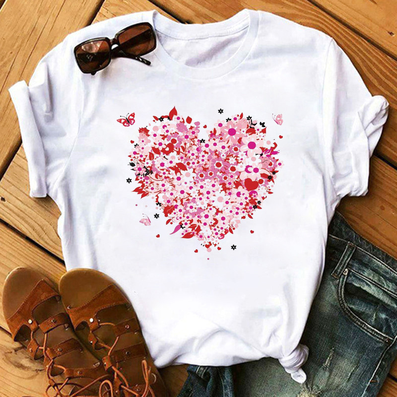 Women'S Fashion Love Flower Hot Air Balloon Print Round Neck Short Sleeve T-Shirt