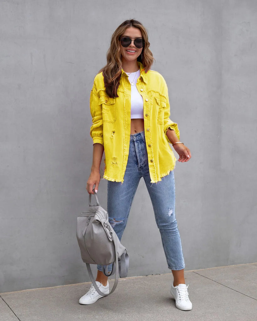 Women Fashion Casual Lapel Ripped Denim Coat Jeans