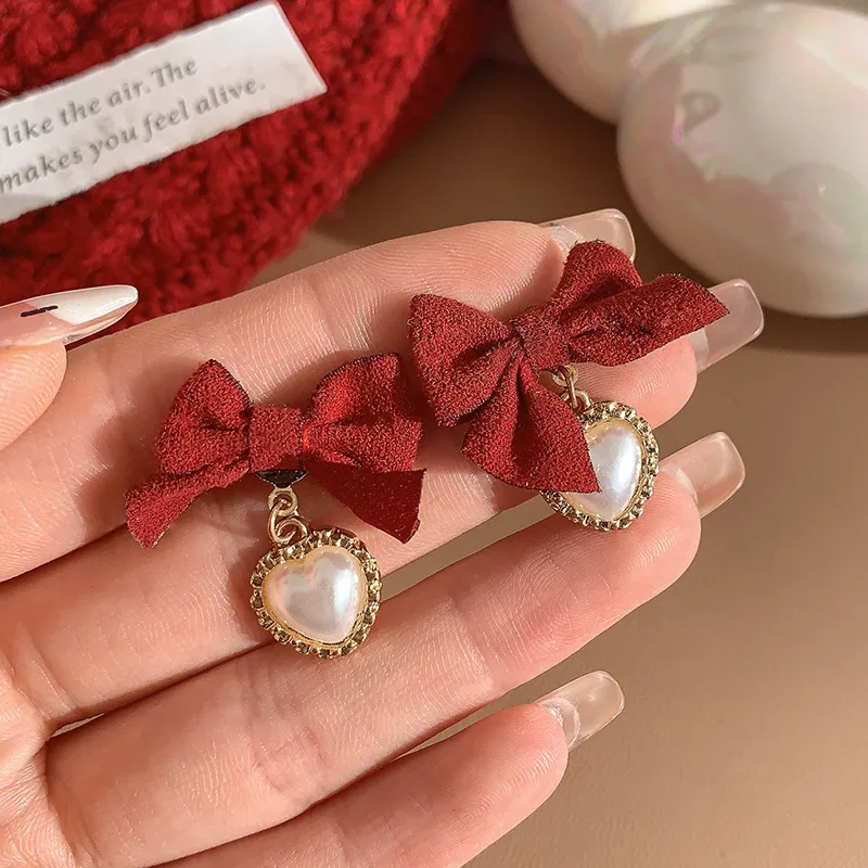 (Buy 1 Get 2) Valentine Day Women Fashion Cosmetic Red Bow Heart Pearl Earrings