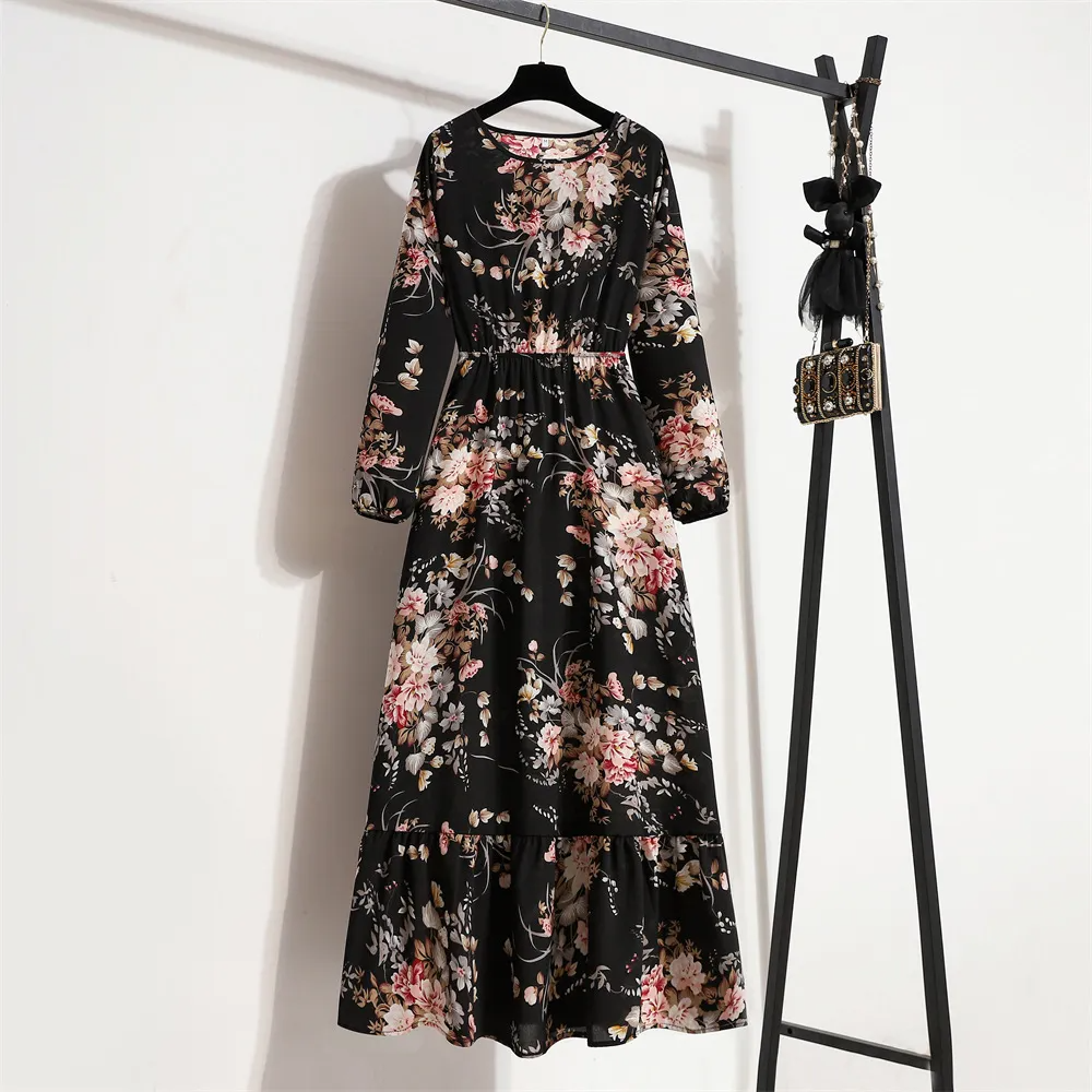 (Buy 1 Get 1) Women Ramadan /Eid Fashion Casual Floral Print Round Neck Long Sleeve Maxi Dress