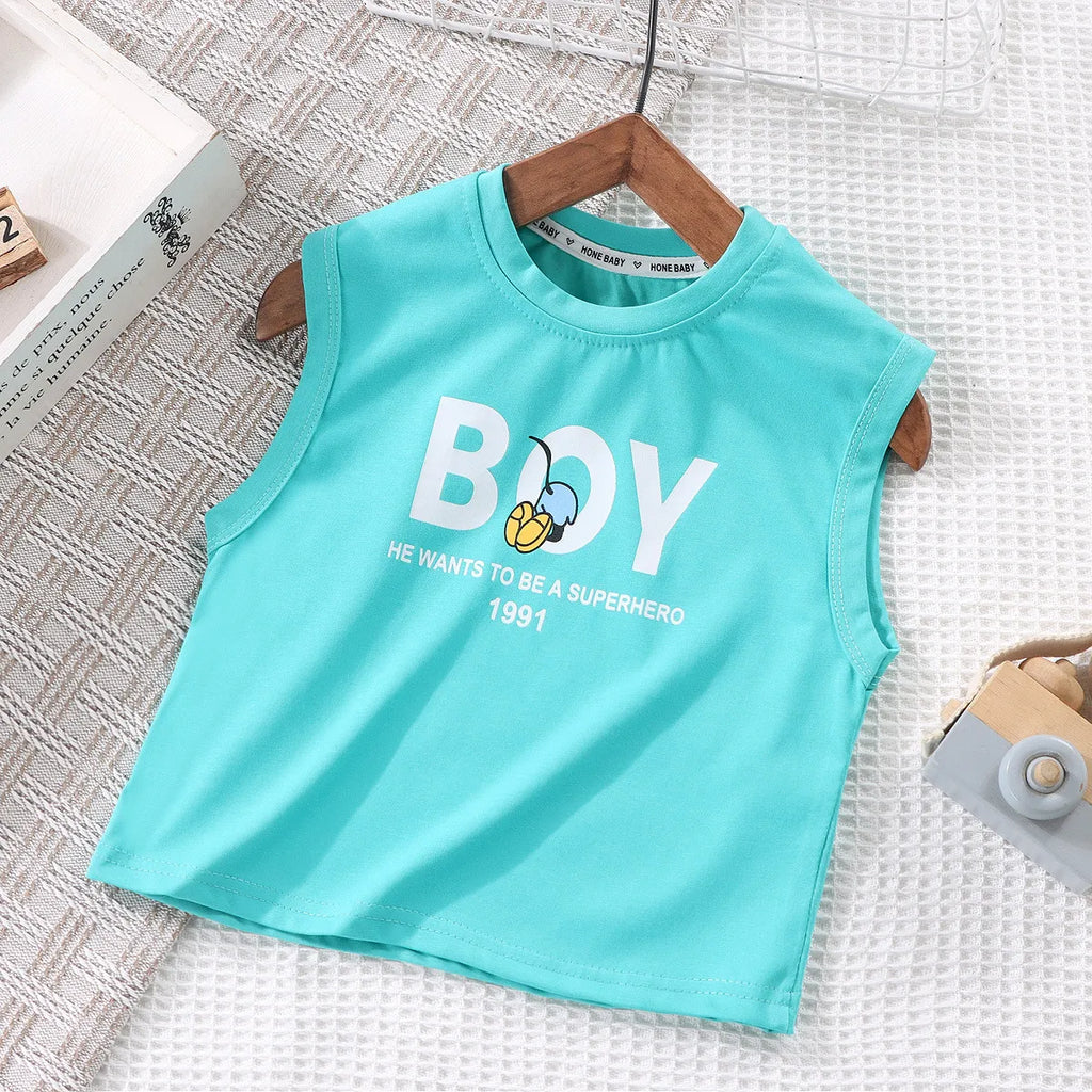 Buy 1 Get 1 Children Kids Baby Fashion Boys Casual Basic Sleeveless Cartoon Letter Print T-Shirt
