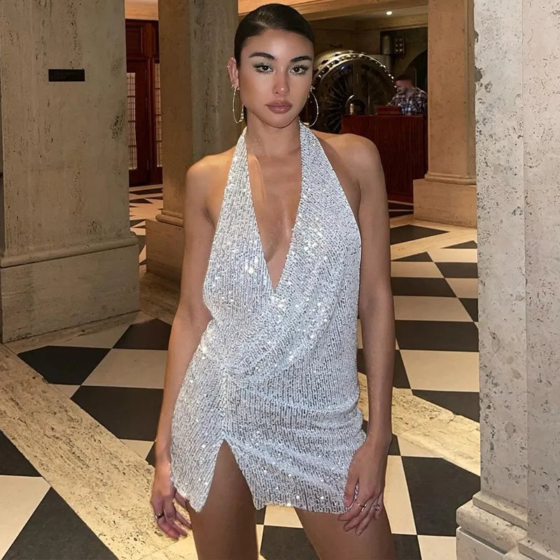 Women Fashion Sexy Deep V Halter Neck Sequin Split Mini Dress