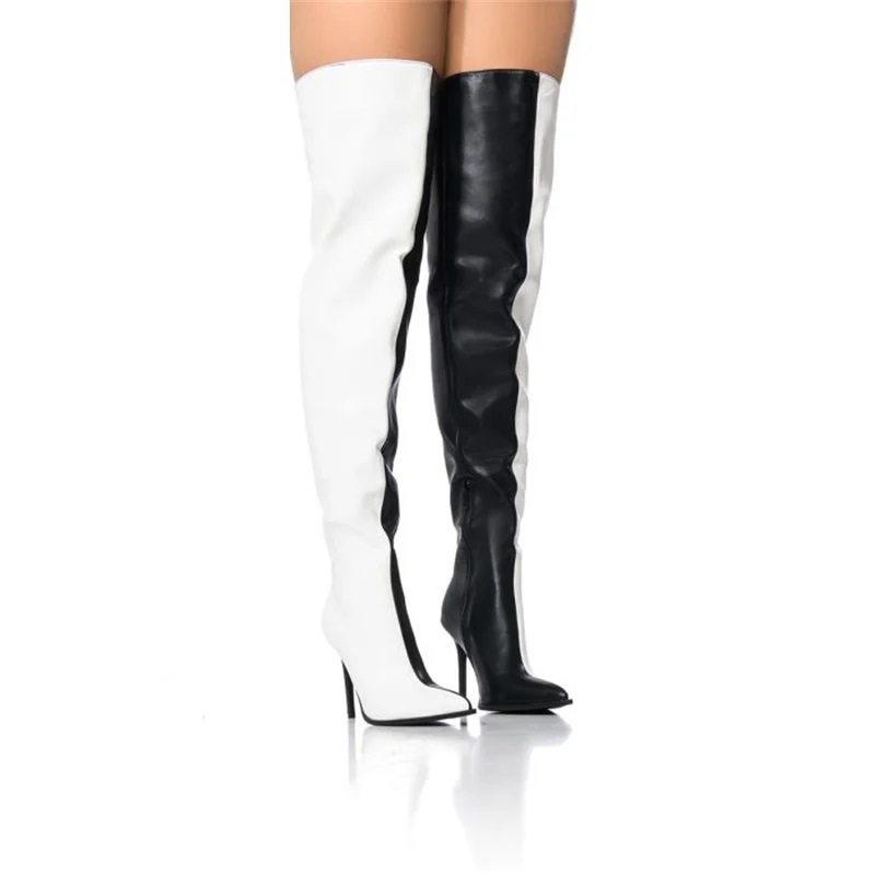 Women Fashion Black White Colorblock Knee High Pu Heel Boots