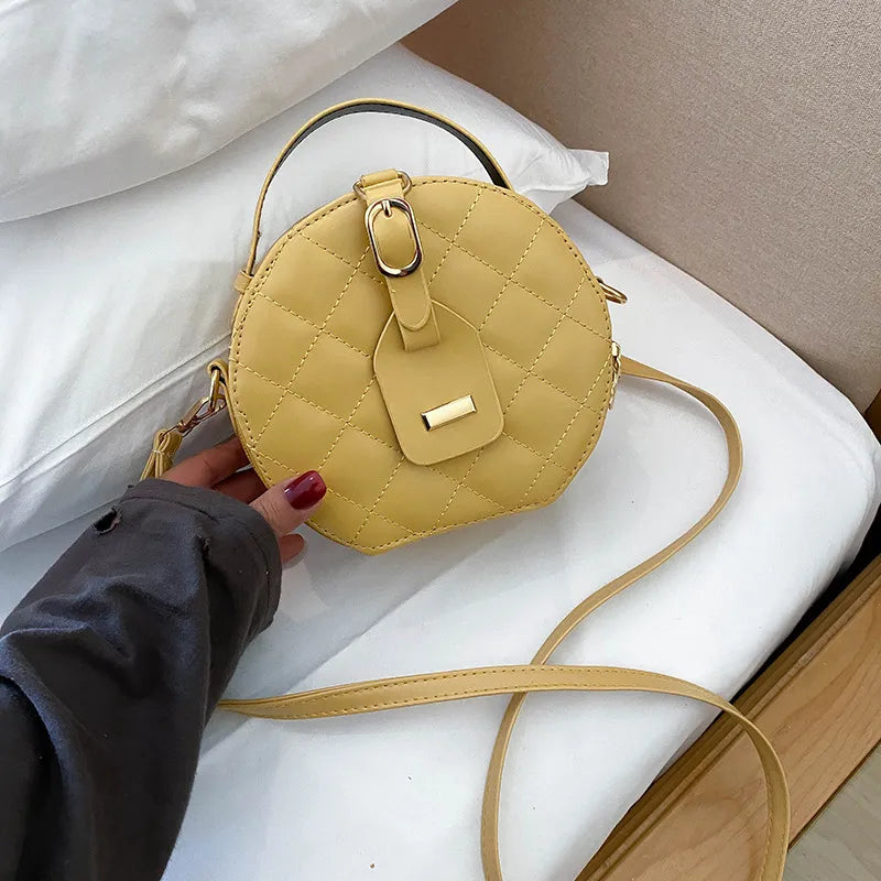 Women Rhombus Stitching Small Round Shape Belted PU Quilted Crossbody Bag
