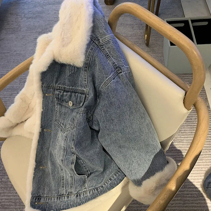 Women Fashion Winter Plush Lapel Denim Coat