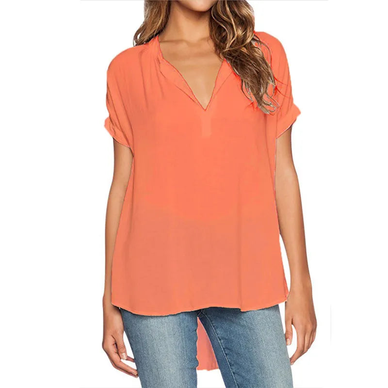 Office Chic Fashion Casual Women Short Sleeve Solid V Neck Loose Blouse