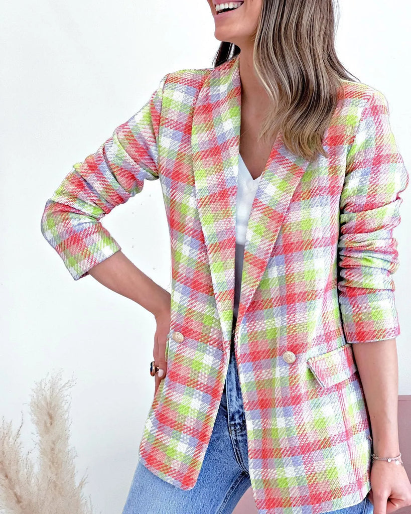 Autumn Winter Women Fashion Casual Plaid Long Sleeve Pocket Printed Double-Breasted Suit Jacket Blazers