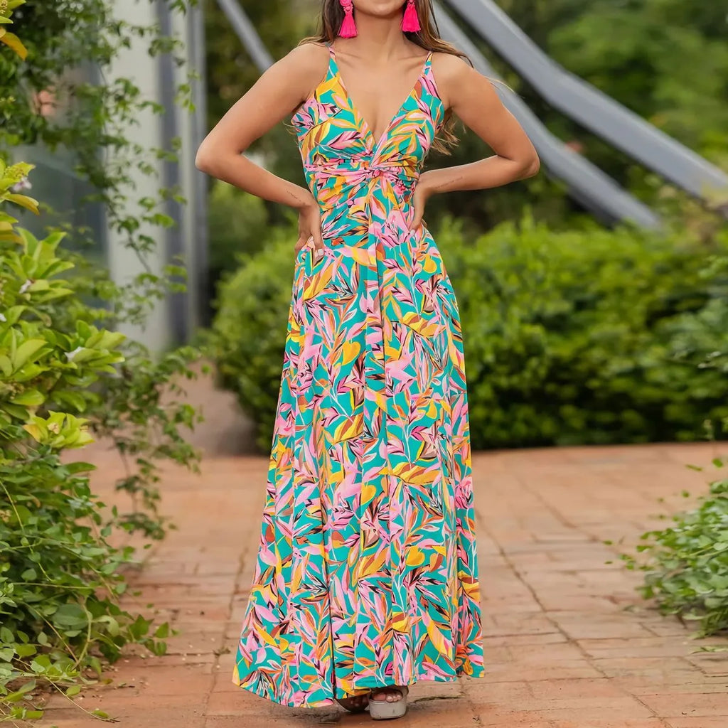 Summer Women Casual Bohemian V-Neck Floral Print Maxi Dress