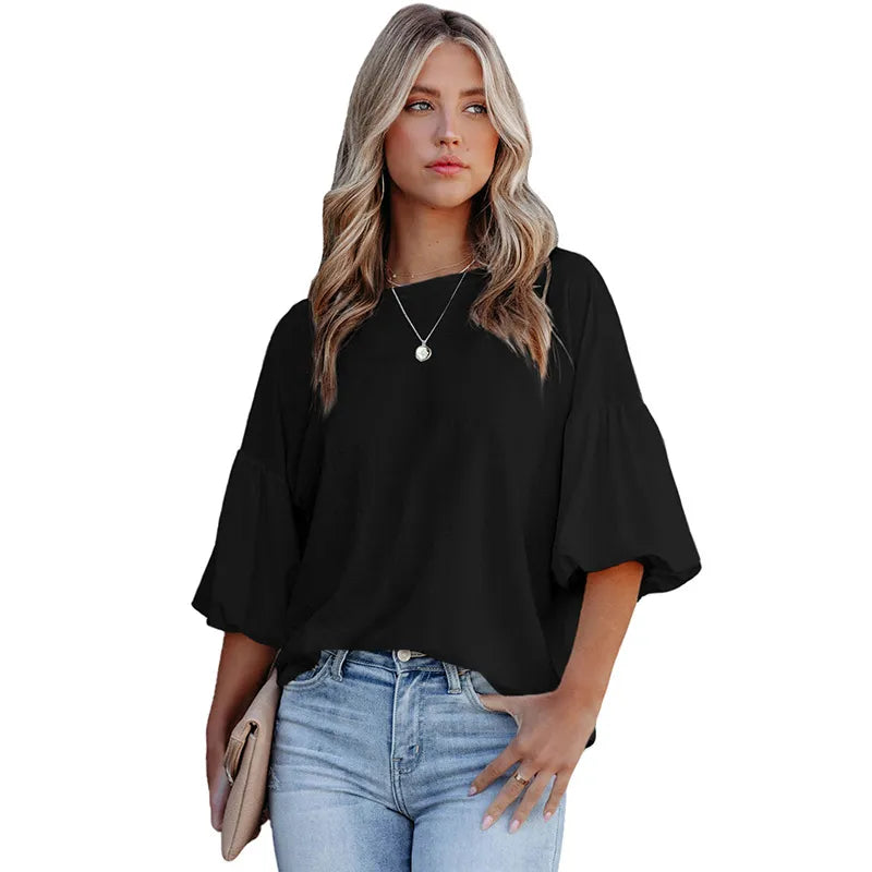 Women Casual Solid Color Pullover Round Neck Puff Sleeve Blouses