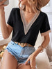 Women Elegant Short Sleeves Color Blocking Patchwork V Neck Blouse