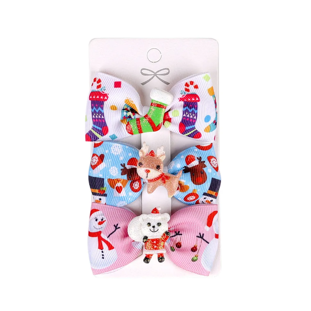 Kids Christmas Bow Hairpin Elk Print Clip Three-Piece Paper Card Set