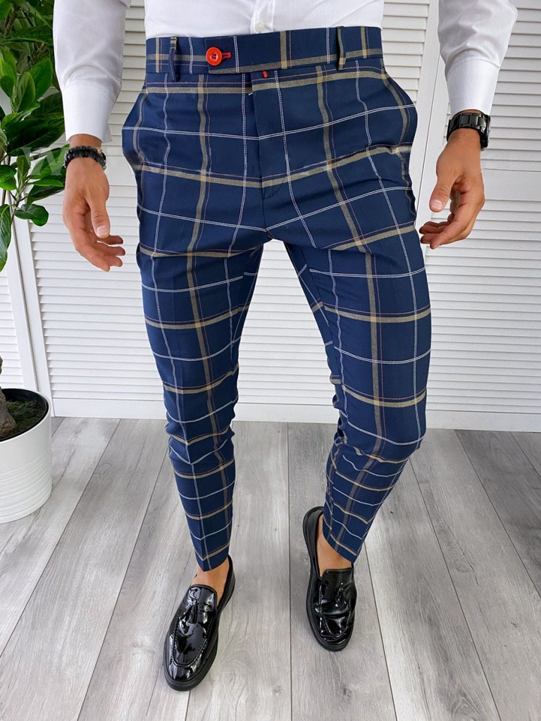 Men Basic Mid-Waist Plaid Printed Color Blocking Straight Suit Pants