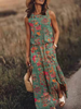 Women Fashion Vintage Casual Floral Printing Sleeveless Slit Loose Dress