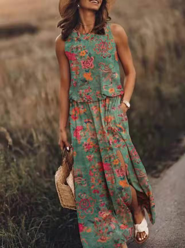 Women Fashion Vintage Casual Floral Printing Sleeveless Slit Loose Dress