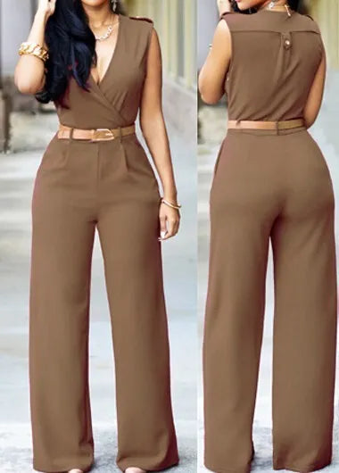 Women Elegant Work Office High Waist V Neck Sleeveless Solid Color Wide Leg Jumpsuits With Belt