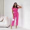 Office Chic Women Elegant Solid Color V-Neck Short-Sleeve Defined Waist Jumpsuits