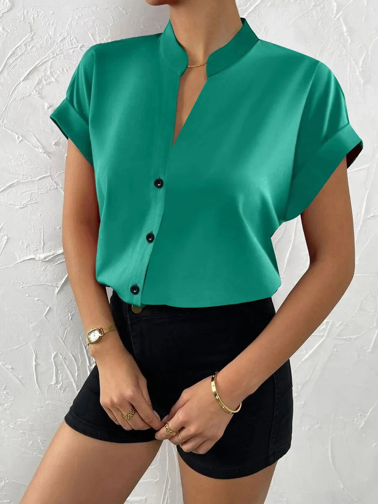 Summer Women Solid Color Simple V-Neck Short Sleeve Shirt