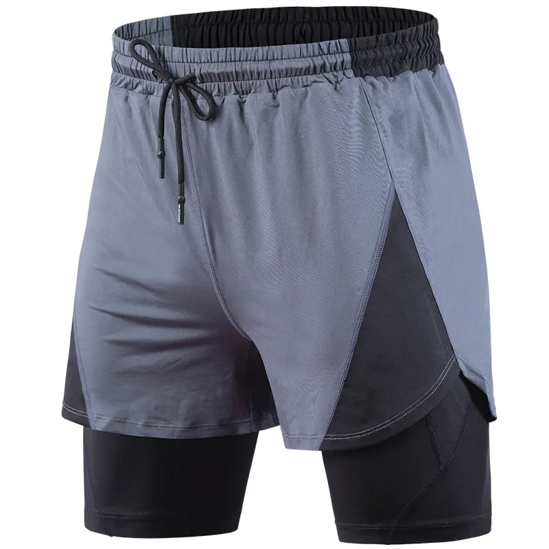 Men Casual Elastic Quick-Drying Fake Two-Piece Double-Layer Sports Shorts