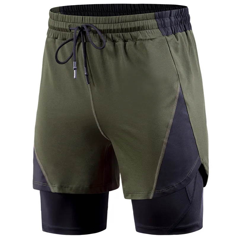 Men Casual Elastic Quick-Drying Fake Two-Piece Double-Layer Sports Shorts