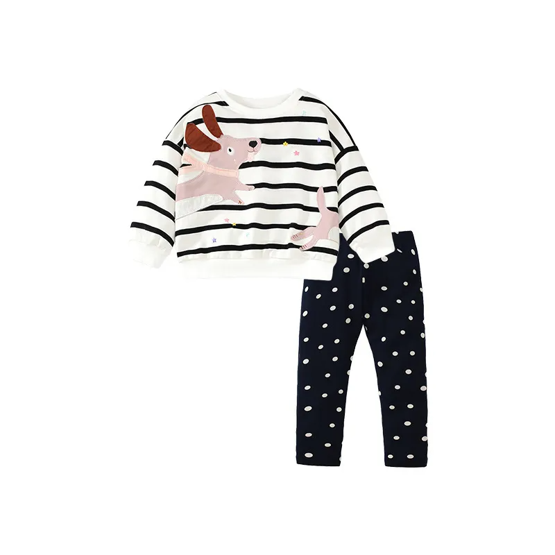 Kids Toddler Big Girls Spring Autumn Fashion Casual Stripe Cartoon Puppy Round Neck Long Sleeve Polka Dot Trousers Set