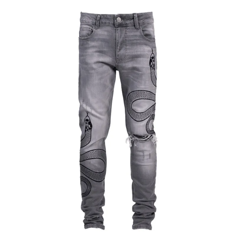 Men'S Personalized Embroidered Jeans Casual Elastic Small Feet Slim Fit Men'S Trousers