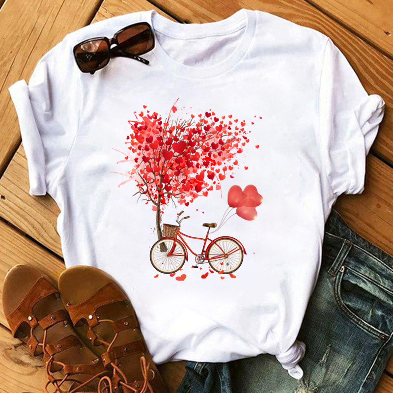 Women'S Fashion Love Flower Hot Air Balloon Print Round Neck Short Sleeve T-Shirt