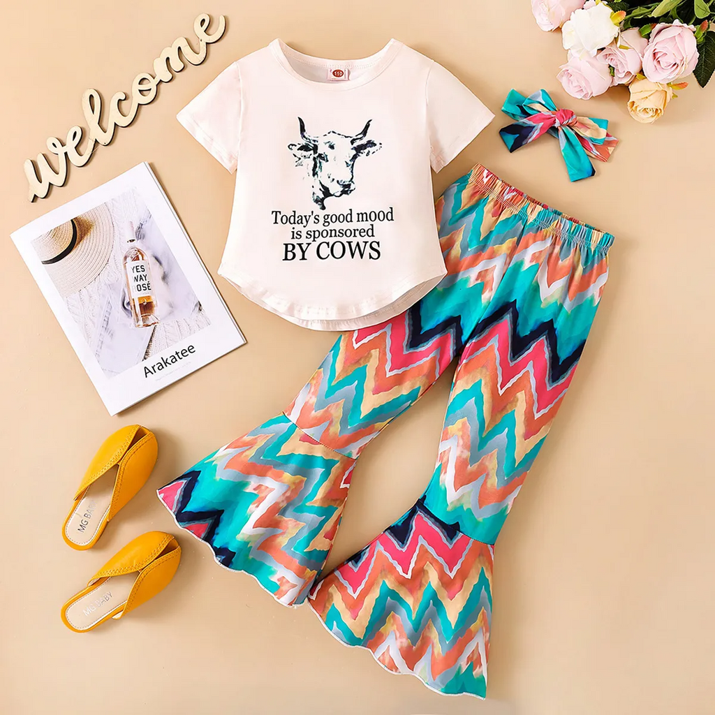 Children Kids Baby Fashion Girls Short Sleeve Cow Print Top And Flared Pants Set