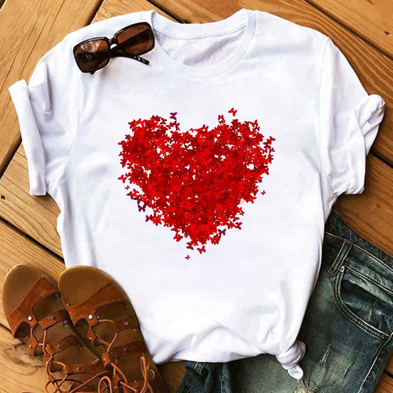 Women'S Fashion Love Flower Hot Air Balloon Print Round Neck Short Sleeve T-Shirt