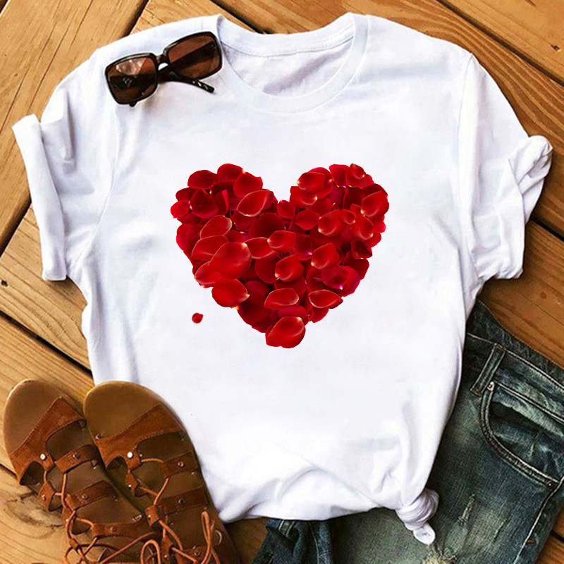 Women'S Fashion Love Flower Hot Air Balloon Print Round Neck Short Sleeve T-Shirt