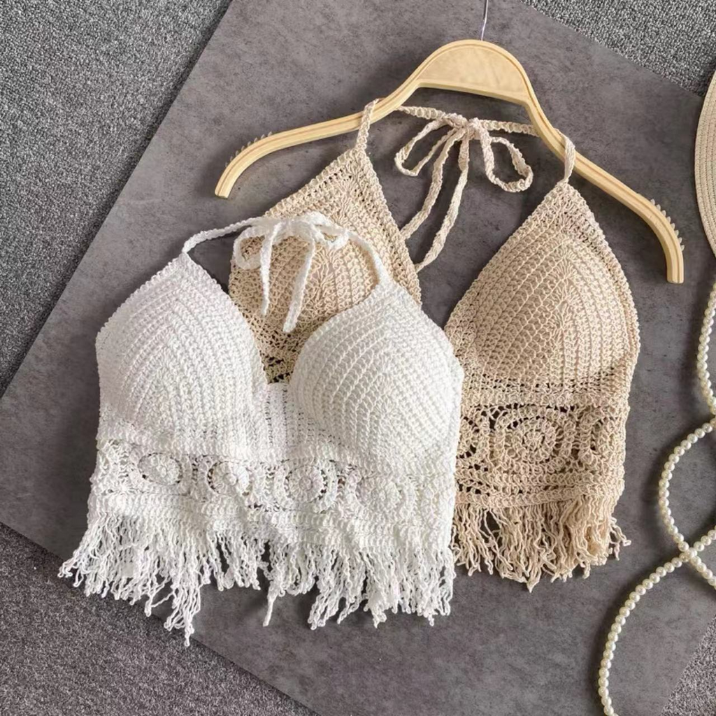 2 Pieces Fashion Sexy Strap Hollow Crochet Knit Short Bikini Top