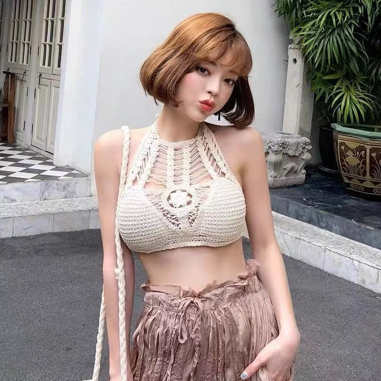 2 Pieces Fashion Sexy Strap Hollow Crochet Knit Short Bikini Top